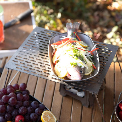 Titan Campinggrill mit Fisch in Titan-Schale über Outdoor-Feuerstelle