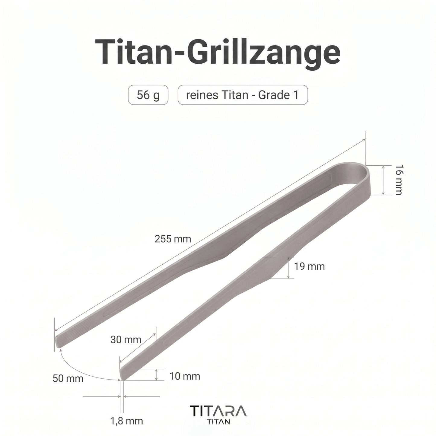 Titan-Grillzange von Titara — Infografik mit Maßen: 255 mm, 56 g, reines Titan Grade 1