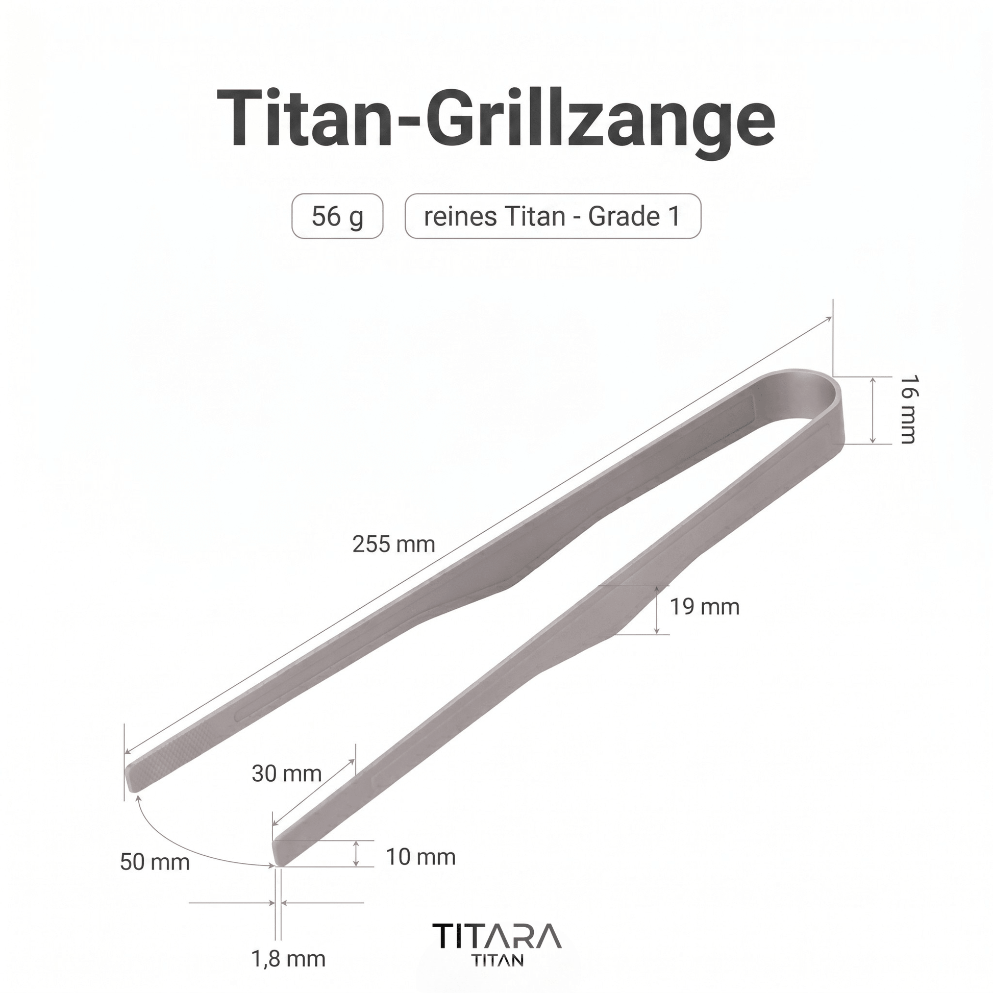 Titan-Grillzange von Titara — Infografik mit Maßen: 255 mm, 56 g, reines Titan Grade 1