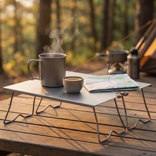Titan-Falttisch von Titara beim Camping mit Titan-Tasse und Wanderkarte