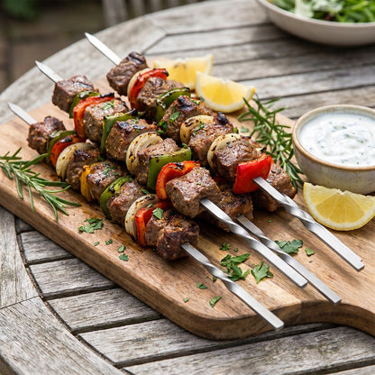 Titan-Grillspieße von Titara auf einem Servierbrett angerichtet