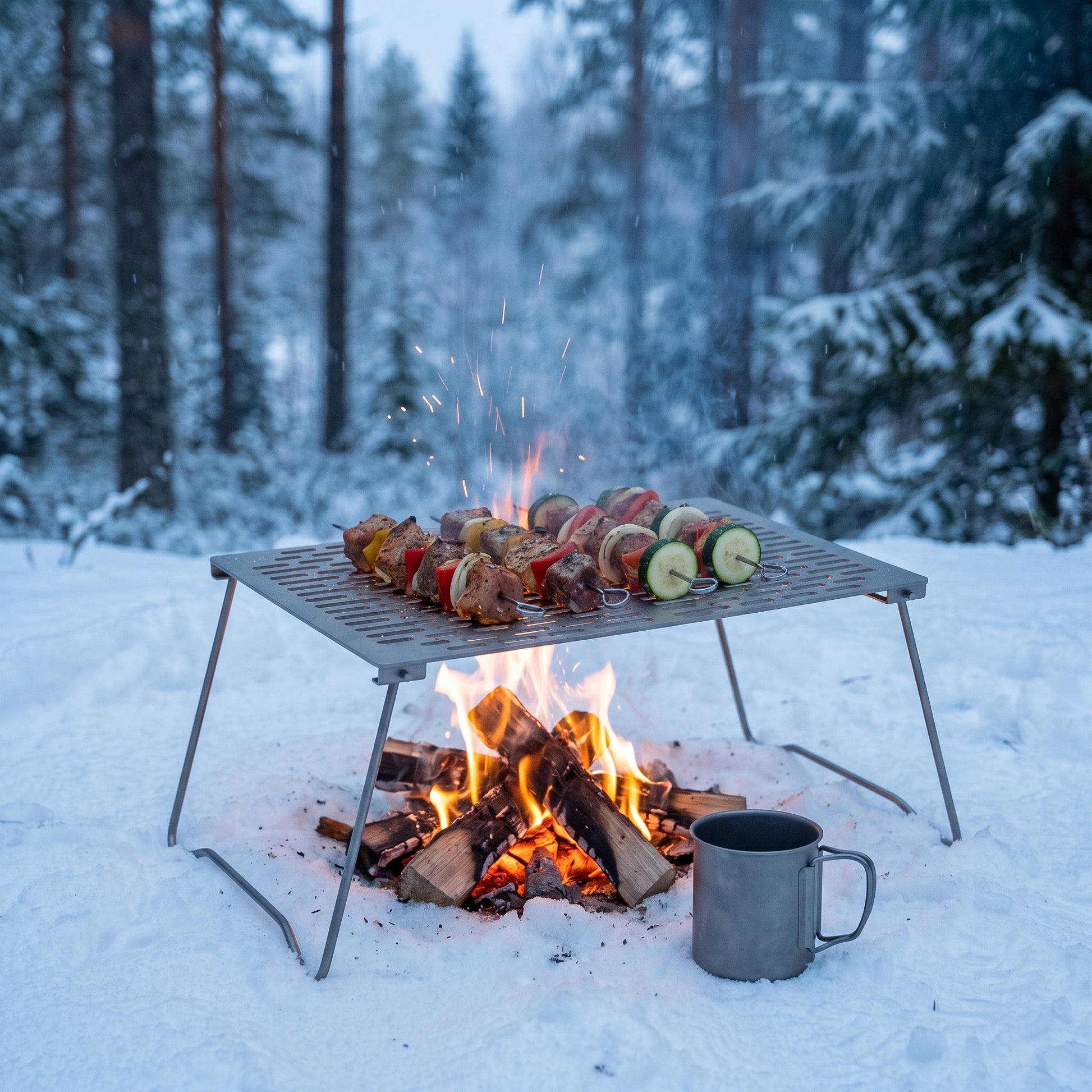 Ultraleichter Titan-Klappgrill von Titara im Schnee beim Wintercamping