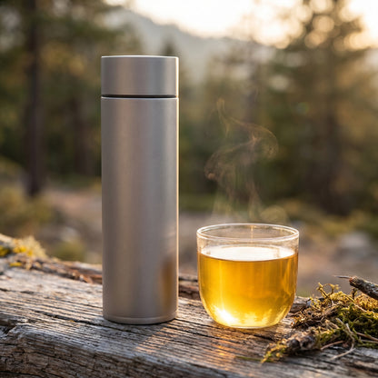 Titan-Thermosflasche von Titara mit Tee im Outdoor-Einsatz