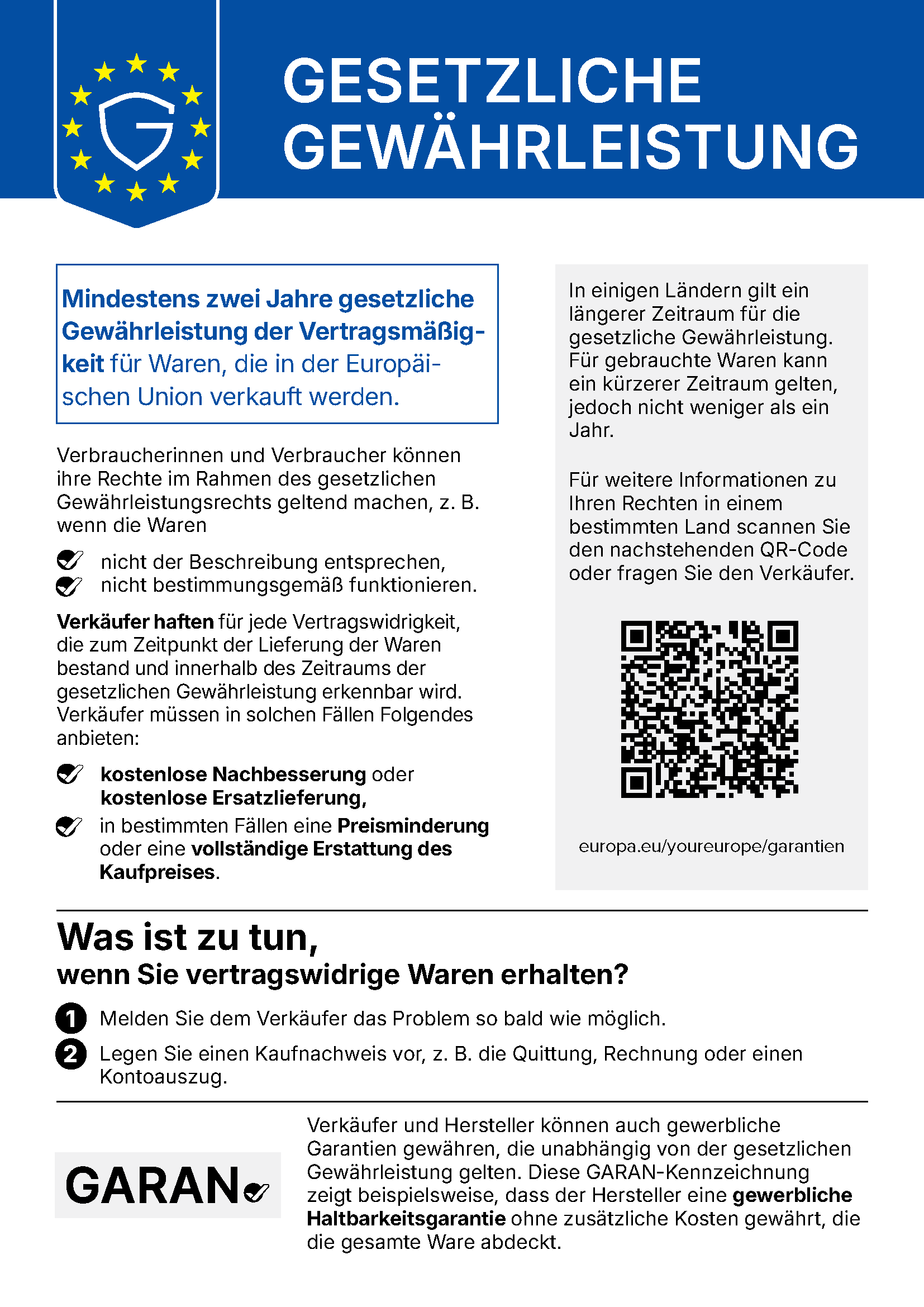 EU-Hinweis: Gesetzliche Gewährleistung für Waren, mindestens zwei Jahre
